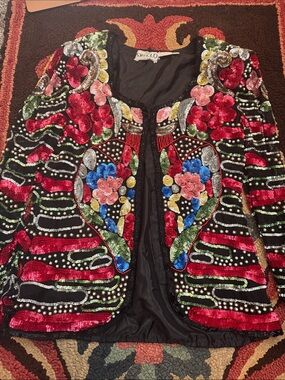 Sweelo Black Jacket with Red, Green, Blue and Pink Sequin Embroidery